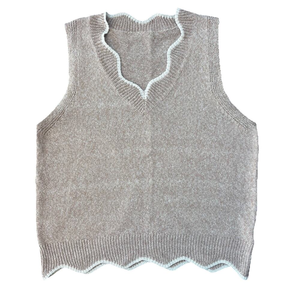 Shein Women’s Size Large Tan White Scalloped Crop V Neck Sweater Tank Classic